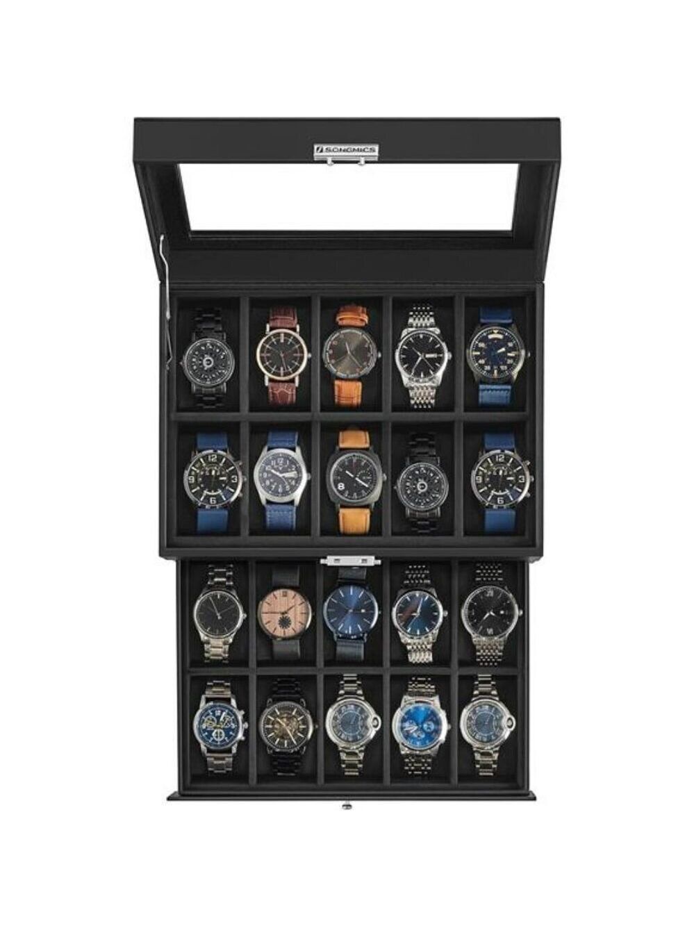 20 Slot Watch Box 2 Layer Glass Top Lockable Display Case Jewelry Organizer